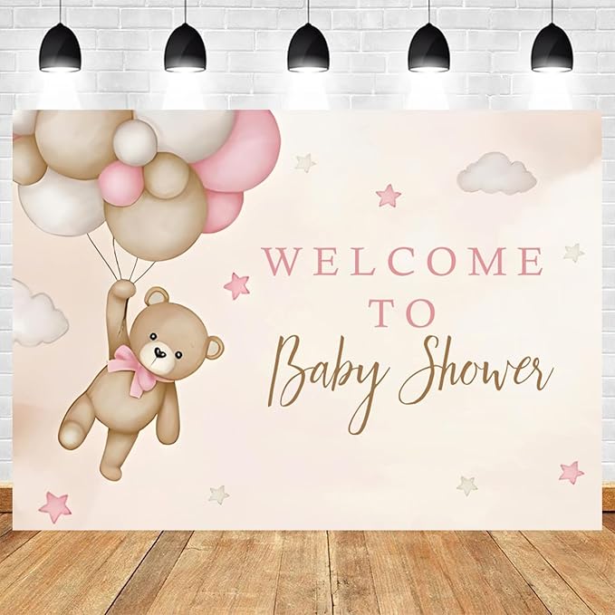 8x6ft Bear Baby Shower Backdrop Brown Pink Hot Air Balloon Photography Background Sky Cloud Star Welcome to Baby Shower Decorations Pregnancy Announcement Portrait Photo Booth Prop
