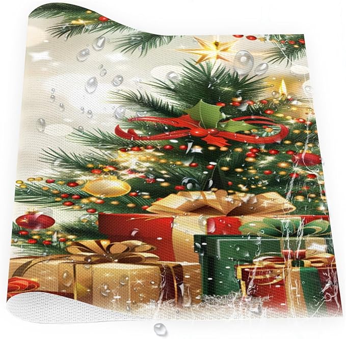 Xmas Christmas Tree Green Placemats Set of 6 PVC Vinyl Non Slip Table Mats Heat Resistant Place Mats Washable Wipeable Dining Table Mat for Kitchen Decor Party Indoor Outdoor Decorative Gift