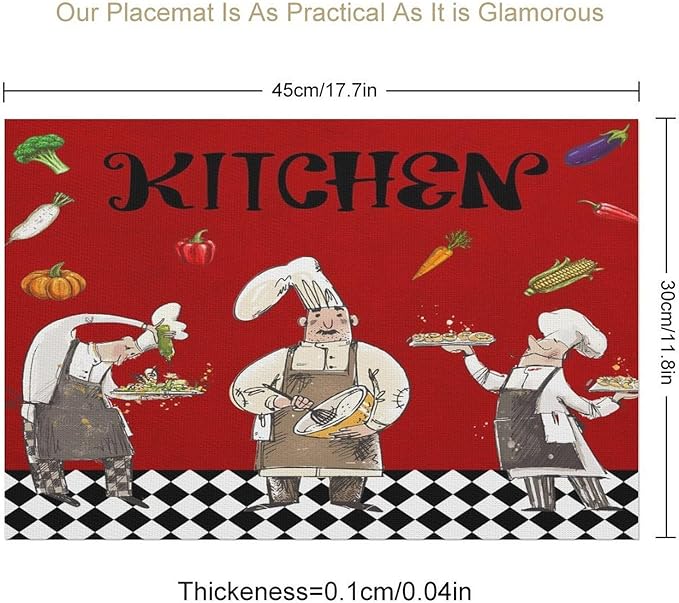 Chef Cooking Placemats Cartoon Rustic Vegetable Fruit Lattice Pastry Fat Chef Carrot Corn Gourmet Cookware Placemats Table Kitchen Dining Party 12x18 Inch Set of 4