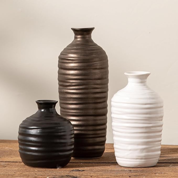 Ceramic Vase Set of 3 Neutral Decorative Vase for Farmhouse, Boho, or Rustic Home Decor Pottery Vases for Living Room Bathroom Table Mantel Fireplace Entryway Shelf (01-Metallic)