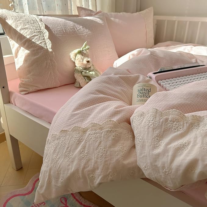 LifeTB Pink Gingham Duvet Cover Twin Size 3 Pieces Romantic Lace Duvet Cover Pink Plaid Checkered Comforter Cover with 2 Pillowcases Soft Breathable Microfiber Grid Farmhouse Plaid Bedding Set