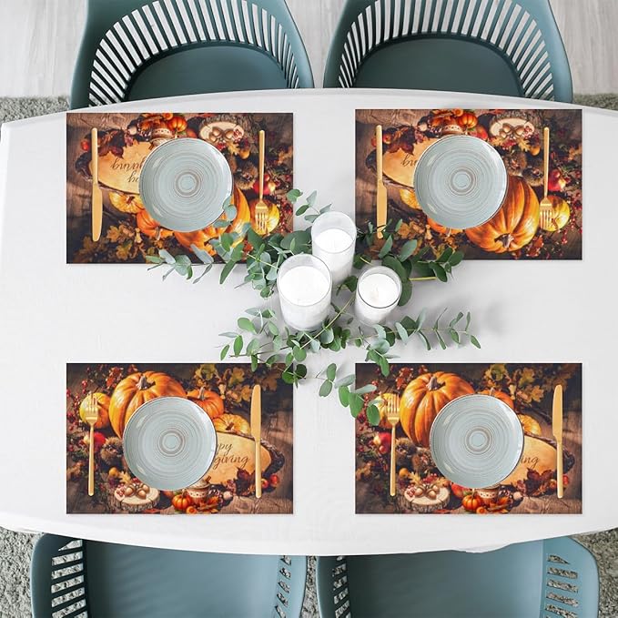 Thanksgiving Holiday Modern Pumpkins Placemats Set of 6 PVC Vinyl Non Slip Table Mats Heat Resistant Place Mats Washable Wipeable Dining Table Mat for Kitchen Party Indoor Outdoor Decorative Gift