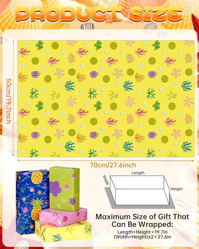 Pineraap Yellow Cartoon Wrapping Paper 12 Sheets Tropical Ocean Themed Gift Packing Paper Water Grass Jellyfish Flowers Pineapple Wrap Paper for Baby Shower Birthday Party Supplies, 20"×28"