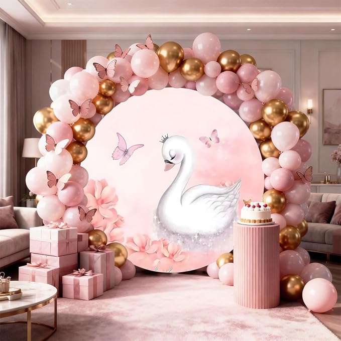 AOFOTO Swan Round Backdrop Pink Floral Butterfly Print Photography Background for Baby Shower Women Newborn Girls Birthday Party Banner Home Wall Decor Photo Studio Booth Props 6x6ft