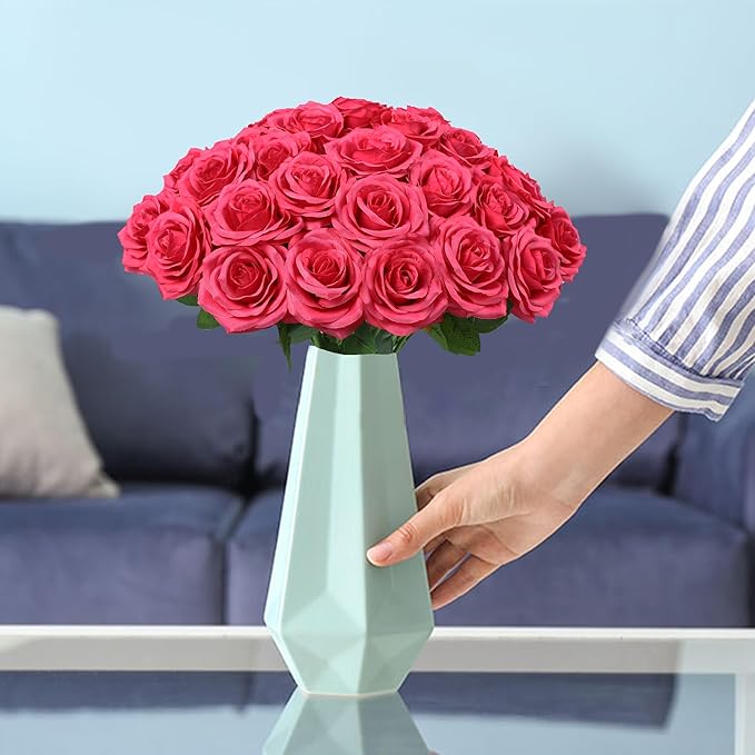 50pcs Artificial Rose Flower Hot Pink Rose Flower with Long Stem Silk Roses Bouquet for Wedding Bridal Shower Party Home Decoration