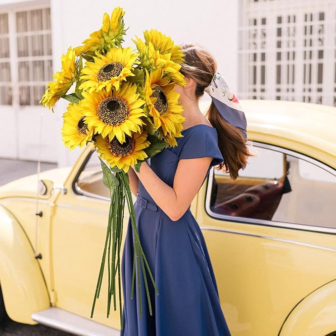 Large Sunflowers Artificial Flowers 9" Full Bloom Long Stem Artificial Sunflower 33" Tall Sun Flowers Giant Silk Sunflowers with Stem Fake Sunflower Floral Arrangement for Home Wedding Decoration