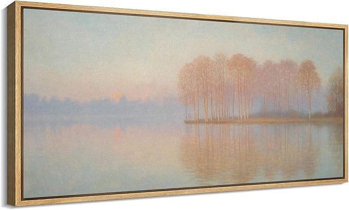 SIGNFORD Extra Large Framed Canvas Print Wall Art Sunrise Over Autumn Trees and Lake Soft Pastel Nature Illustrations Modern Art Relax/Calm Warm for Living Room, Bedroom, Office - 60"x30"