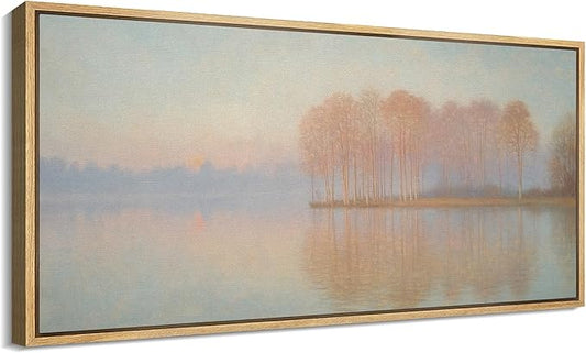 SIGNFORD Extra Large Framed Canvas Print Wall Art Sunrise Over Autumn Trees and Lake Soft Pastel Nature Illustrations Modern Art Relax/Calm Warm for Living Room, Bedroom, Office - 60"x30"