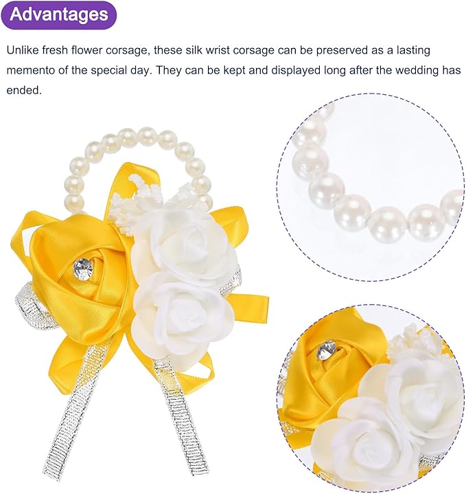 MECCANIXITY 6Pcs Wrist Corsage Artificial Flower Bracelets Rose Wrist Bride Groom Decorative for Wedding Ceremony Prom Party Anniversary Gold Tone