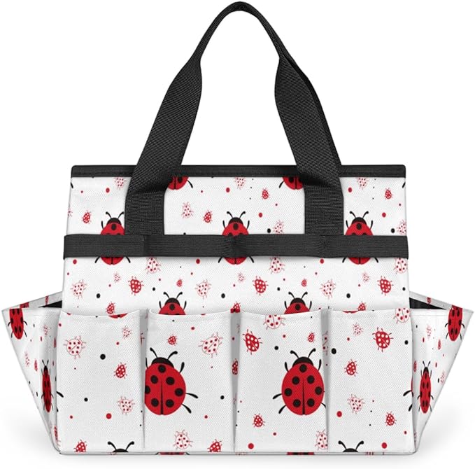 Garden Tool Tote Bag for Women Men Ladybugs Gardening Tool Storage Bags with 10 Pockets Standable Garden Home Tool Kits Organizer for Indoor Outdoor Gardening Gifts