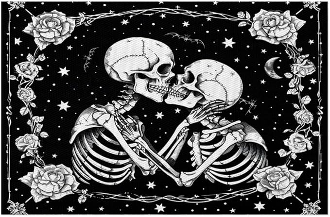 Halloween Skull Goth Flower Placemats Set of 1 PVC Vinyl Non Slip Table Mats Heat Resistant Place Mats Washable Wipeable Dining Table Mat for Kitchen Decor Party Indoor Outdoor Decorative Gift