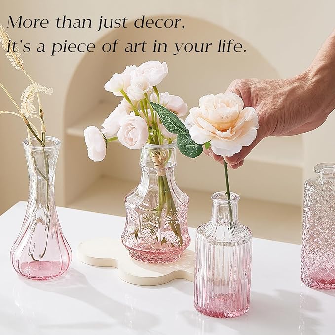 Glass Bud Vase Set of 60 - Small Vases for Flowers in Bulk - Assorted Vintage Crystal Vases for Flowers, Table Centerpieces (Pink, 60 Pcs)