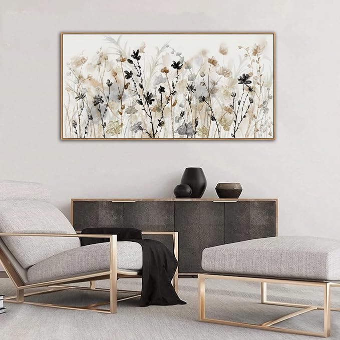 Framed Floral Wall Art Abstract Grey Cream White Grass Flowers Canvas Pictures Modern Landscape Painting Botanical Artwork for Living Room Bedroom Kitchen Office Wall Decor Ready to Hang 20" x 40"