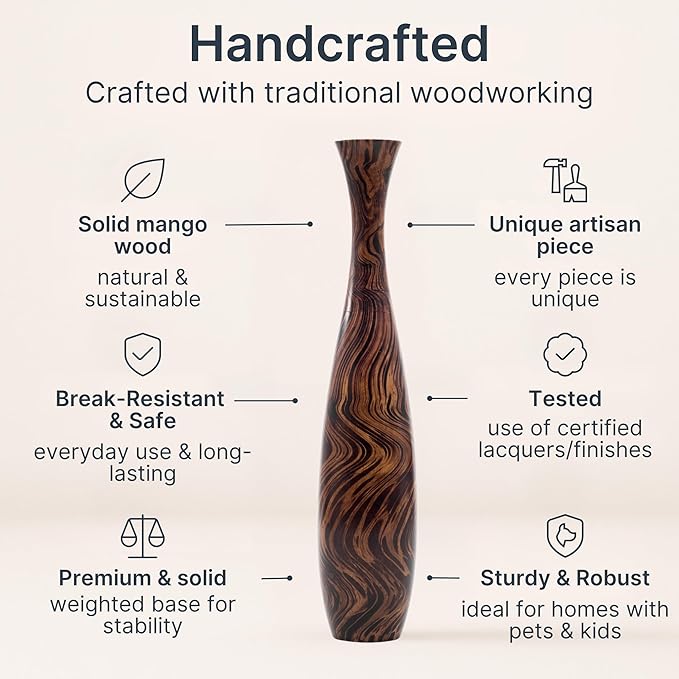 Leewadee Large Brown Light Brown Home Decor Floor Vase – Wooden 34 inches Tall Farmhouse Decor Flower Holder for Fake Plant and Pampas Grass