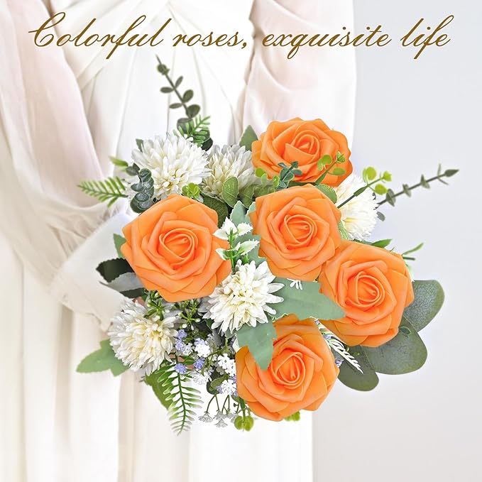 BLEUM CADE 36Pcs Artificial Flowers Fake Roses with Stems, Orange Boxed Foam Roses for DIY Bouquets Centerpieces Wedding Party Arrangement Bridal Shower Decor