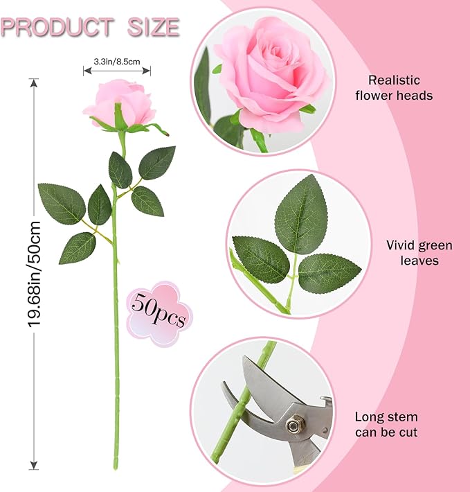 50PCS Artificial Silk Roses in Bulk & Bouquet Long Stem – Realistic Fake Roses for Wedding Centerpieces, Home Decor, Floral Arrangements, Party Decoration (Pink)