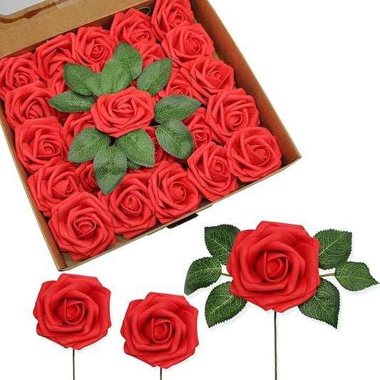 JOYLEX Artificial Flowers Realistic Red Roses, 100pcs Real Looking Fake Roses with Stem for DIY Wedding Bouquets Centerpieces Bridal Shower Party Home Romantic Decorations (Red)