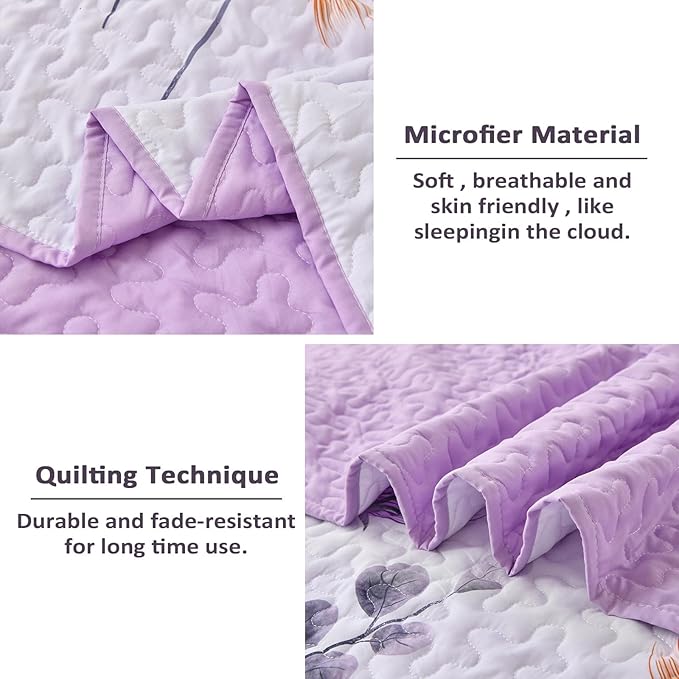 Dinjoy King Size Quilt Set Floral,3 Pieces Purple & Yellow Quilts Coverlet Set Boho Bedspreads Bed Cover Lightweight White Botanical Farmhouse Bedding Sets for Spring Summer Fall Winter(110"x90")