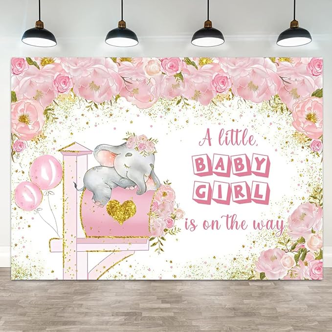9x6ft Elephant Baby Shower Backdrop A Little Baby Girl is On The Way Photography Background Pink Floral Balloon Mailbox Baby Girls Party Banner Decorations Newborn Portrait Photo Booth Prop