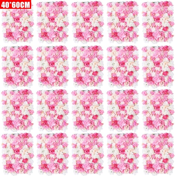 20pcs 24" x 16" Artificial Flower Wall Panel Background,3D Silk Hydrangea Rose Flowers Wall Backdrop for Wedding Party Event Photo Stage Backdrop Wall Decor (Deep Pink Champagne)