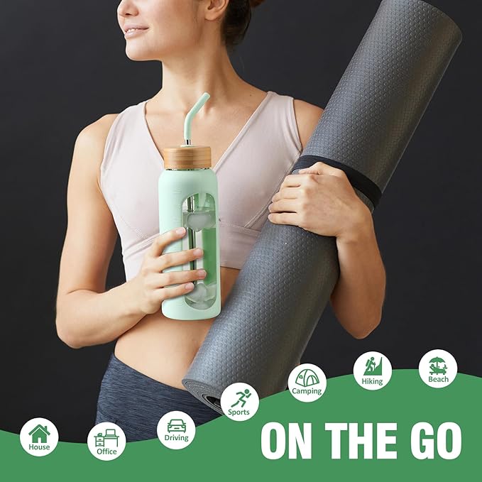 32 oz Glass Water Bottle, 1 Liter Glass Tumbler with Straw, Reusable Drinking Bottles with 2 Lids-Handle Lid&Bamboo Straw Lid, Silicone Sleeve, for Sports, Home,1 Pack-Mustard