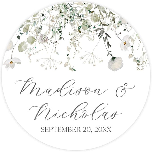 Personalized Floral Wedding Stickers with Your Choice of 30 Flower Styles - Choose Font and One of Five Pre-made Phrases or Add Custom Text (008 - White Wildflowers)