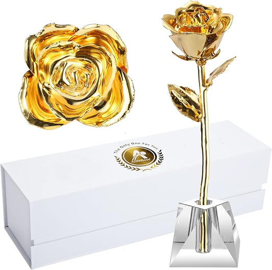 AliveRose Deluxe Golden Rose, Gold Dipped Rose Made from Real Rose Gift for Her on Wedding Anniversary Valentines Mothers Day (Deluxe Golden with Crystal Vase)