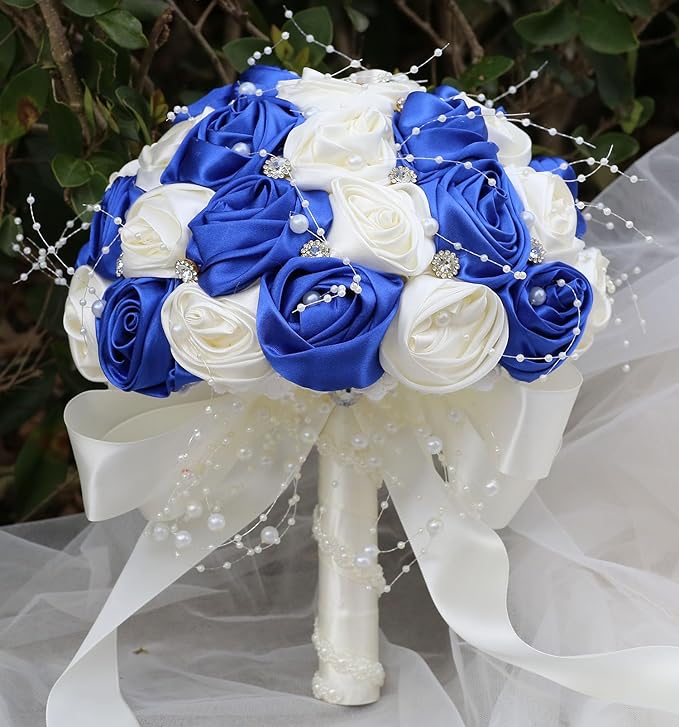 Bridal Wedding Bouquet Round Bling Brooch Bouquet Throw Toss Artificial Rose Flower Bunch for Bride Bridesmaid Wedding Quinceanera(Royal Blue & Ivory, 9.8")