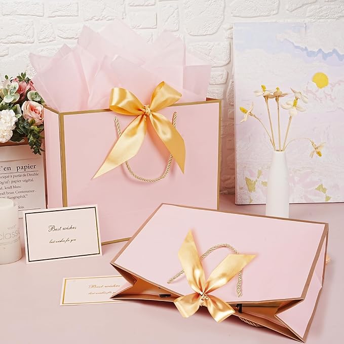 13” Pink Gift Bags, 2 PCS Light Pink Gift Bags with Handles Bow Ribbon, Large Gift Bag Set with Tissue Paper Greeting Card , Portable Paper Present Bag for Girls Women Birthday Wedding Baby Shower