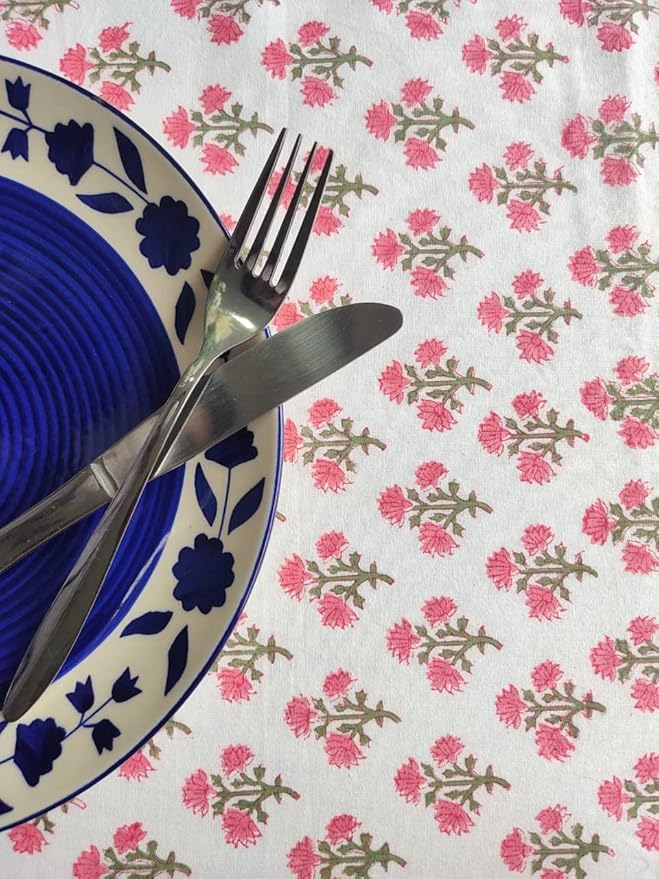 ATOSII Gulbahar White Pink 100% Cotton Fall Rectangle Tablecloth, Hand Block Print Washable Table Cover, Christmas Parties Buffet Dining, Weddings, Thanksgiving, Halloween, 60 X 108 Inches 8 Seater