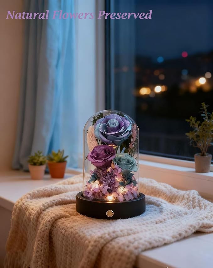 Birthday Gifts for Women Purple Preserved Flowers in Glass Dome Forever Flowers for Delivery Prime, Colorful Forever Roses Anniversary Valentines Day Mothers Day for Her Mom Wife