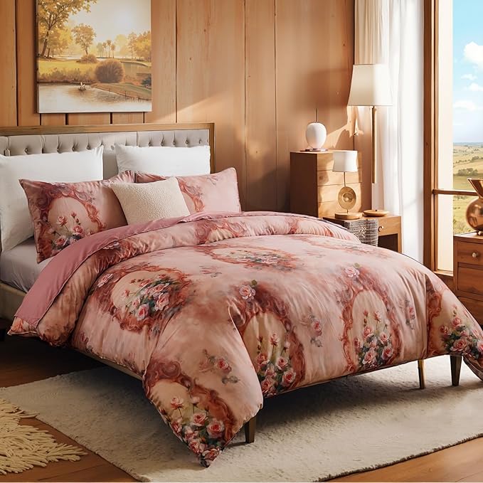 100% Cotton Duvet Cover Set Queen Size – Pink French Vintage Rose Bedding with Zipper Closure, 3-Piece Luxury Romantic Shabby Chic Floral Comforter Cover with 2 Pillowcases
