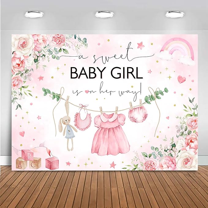 Mocsicka Sweet Baby Girl Princess Pink Greenery Party Decoration for Girl's Baby Shower Photo Booth (Pink, 8x6ft)