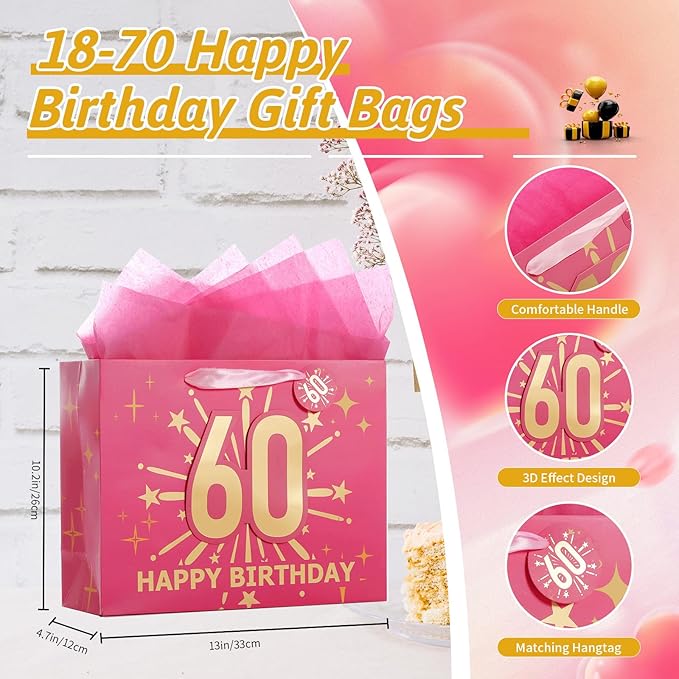 Bloomwords 60th Birthday Gift Bag Set with Card & Tissue – 13" Elegant Keepsake Party Bags for Unisex Anniversaries, Gift Wrapping & Celebrations(Pink)