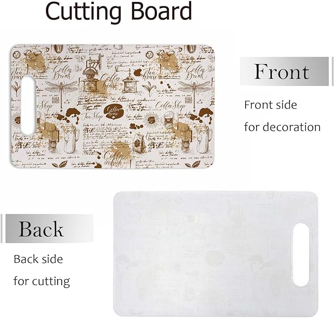 Coffee House Cutting Board Vintage Style Tea Coffee Theme Dragonflies Grip Handle Chopping Boards Cutting Board for Kitchen Plastic 16" x 10" x 0.24"