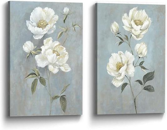 Flower Canvas Abstract Wall Art: 2 Pieces White Floral Prints Artwork Vintage Peony Bouquet Botanical Painting Picture for Bedroom Living Room Bathroom Home Office