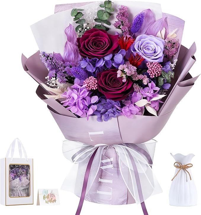 Lewondr Flower for Delivery, Preserved Flowers Bouquet, Purple Roses Bouquet, Real Long-Lasting Forever Birthday Flowers Gifts for Mom Grandma Women Mothers Day Anniversary Christmas, Purple