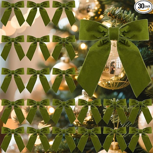 30 Pcs Velvet Ribbon Bows 5" x 4" Pre Tied Christmas Velvet Bows with Twist Tie for Gift Packaging Christmas Tree Wreaths Door Windows Wedding Party Decoration(Moss Green)