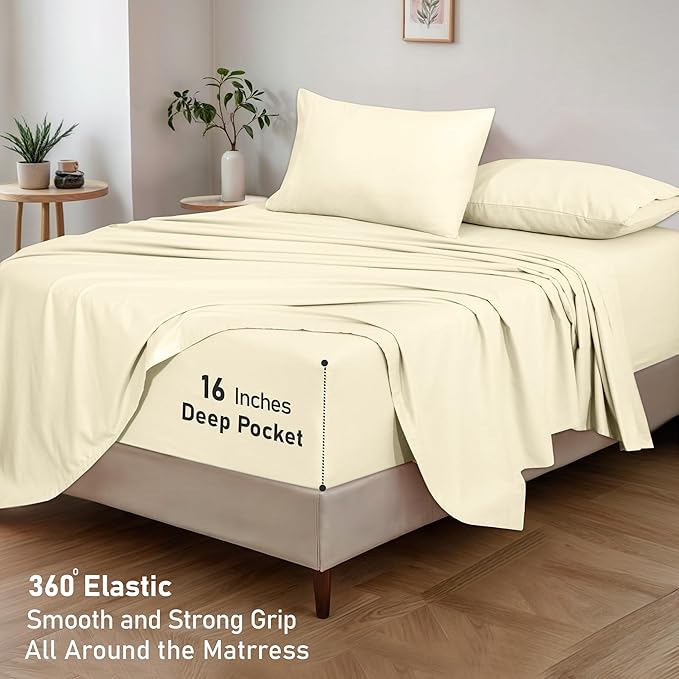 RUVANTI Flannel Sheets King Size - GOTS Certified 100% Organic Cotton, 4 Piece Warm, Soft & Breathable Set, Deep Pocket Snug Fit, Double Brushed Cozy All Season Bedding, Winter White