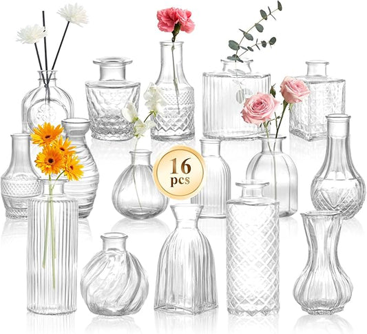 DomeStar 16PCS Glass Bud Vases Set, Small Small Flower Vase for Centerpieces, Vintage Clear Bud Vases in Bulk for Rustic Wedding Centerpieces Home Table Flower Decor