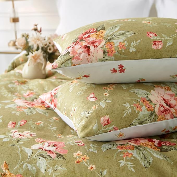 mixinni Duvet Cover Twin XL Size, Long Staple Cotton Reversible Floral Green Duvet Cover Set with Zipper Ties, 3 Pieces Botanical Pink Flowers and Green Branches Patterns Bedding Set