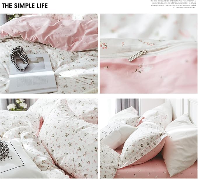 HighBuy Floral Girl Duvet Cover Twin XL Size Cotton White Pink Coquette Bedding Comforter Covers Twin XL Bedding Set Lightweight Soft Aesthetic Garden Style with Zipper Closure for Children