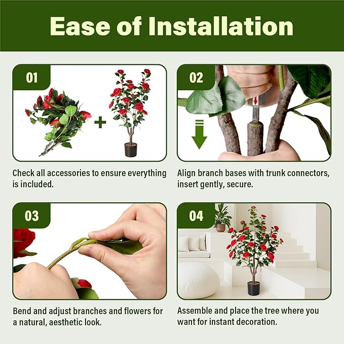 Artificial Camellia Tree,2Pack 3.6FT Faux Red Camellia Plants in Pots,Lifelike Artificial Flower Trees for Indoor Outdoor Home Decor,Realistic Blooming Faux Plants for Living Room Porch Patio Office