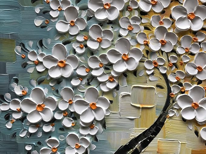 YaSheng Art - hand-painted Oil Painting On Canvas white Flowers Paintings Modern Home Interior Decor Wall Art for living room Abstract Art picture Ready to hang 30x30inch