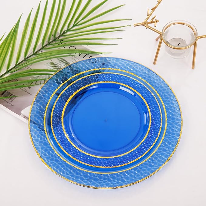 Nervure 150PCS Clear Blue Plastic Plates - Gold Party Plates - Blue and Gold Dinnerware Set Include: 50 Disposable Plate, 25Cups, 25Forks, 25Knives, 25Spoons for Wedding & Party & Father's Day