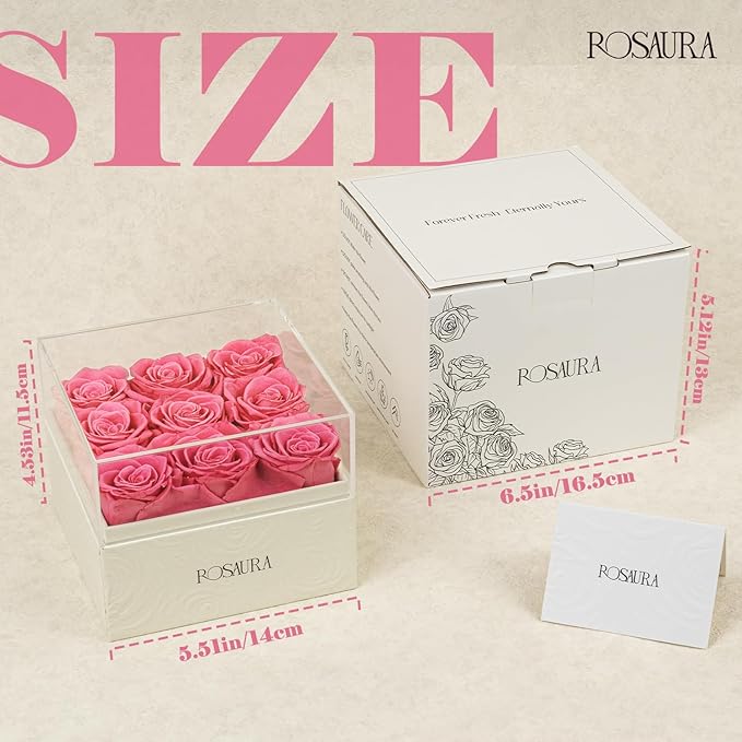 Rosaura Square Preserved Roses Gift Box - Real Forever Flowers in Clear Acrylic Lid, Christmas, Valentine's for Women (Pink, 9 Roses)