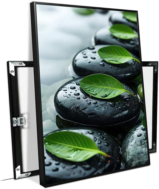 Glittering black stone cluster with fresh green leaves and water drops poster tranquil mist rain wall art zen wall art suitable for modern minimalist home decor 20x30in Metal blackFramed