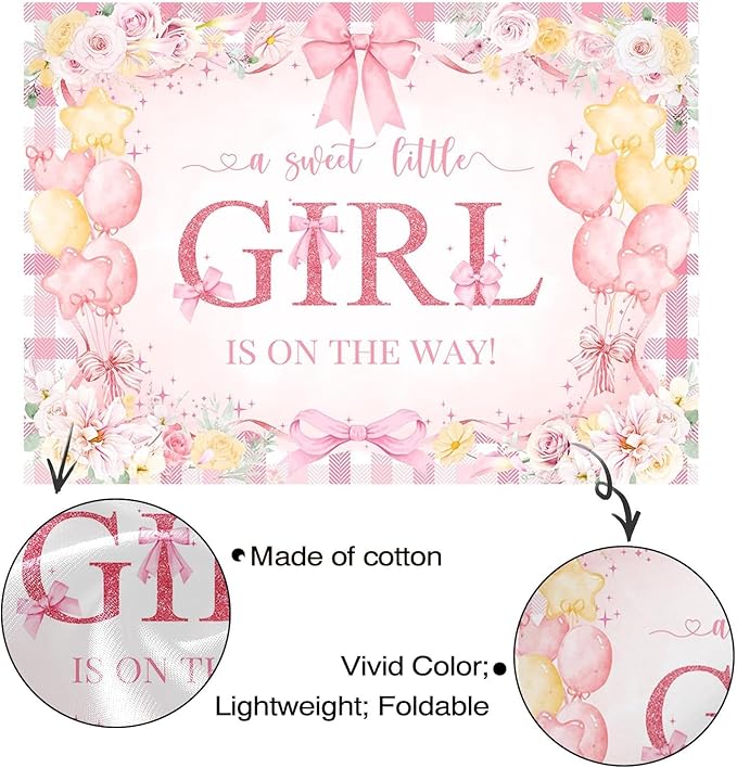 Mocsicka Bow Baby Shower Backdrop Pink Floral Baby Girl Shower Photo Background Banner Sweet Little Girl on The Way Decorations for Baby Shower Party Supplies Photo Props (10x7ft (120x82 inch))