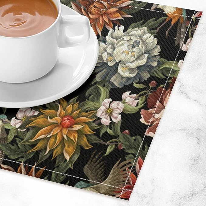 Vintage Floral Placemats Set of 4, 17x12 Inch Colorful Flowers Birds Green Leaves Black Retro Aesthetic Art Print Table Mats for Home Party Kitchen Dining Decor