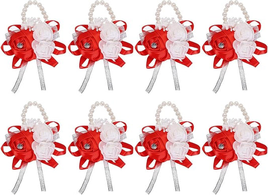 MECCANIXITY 8Pcs Wrist Corsage Artificial Flower Bracelets Rose Wrist Bride Groom Decorative for Wedding Ceremony Prom Party Anniversary Red